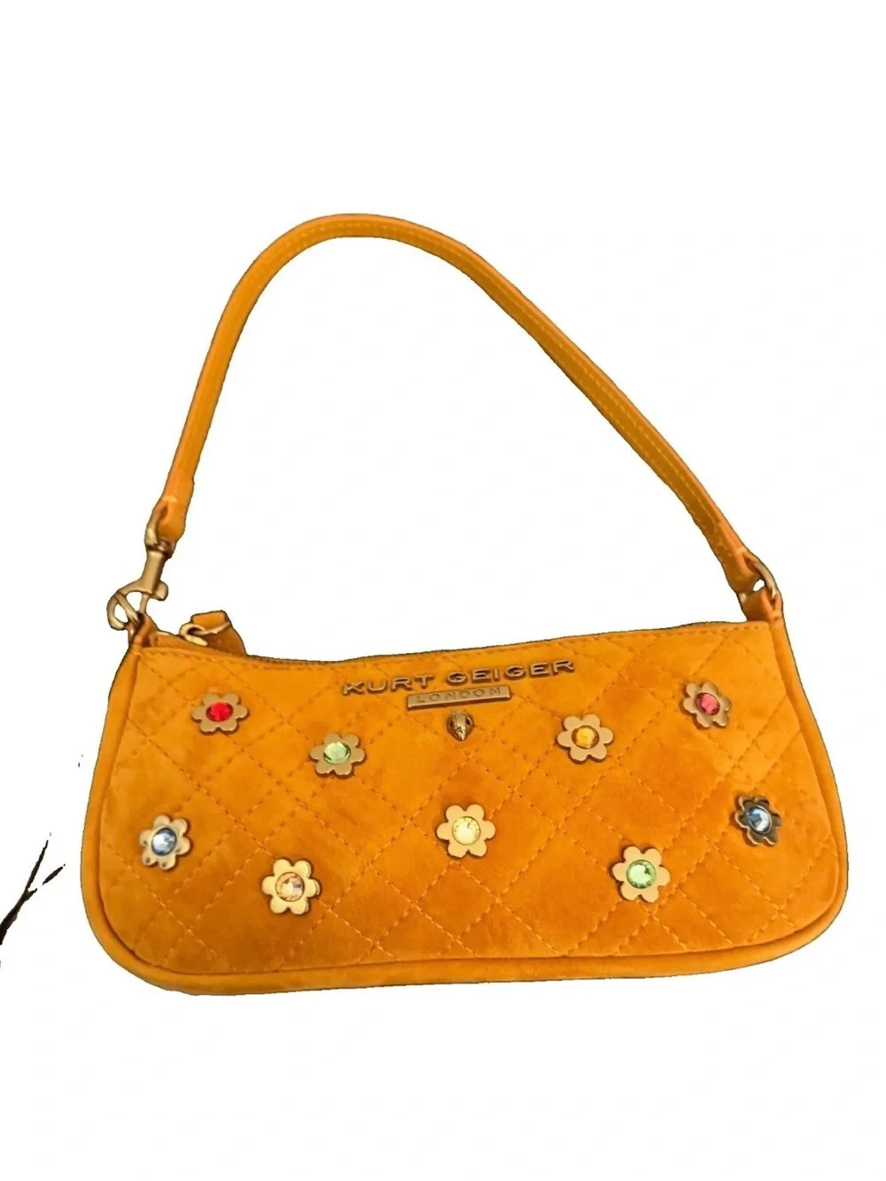 Kurt Geiger Yellow Quilted Suede Shoulder Bag with Floral Studs